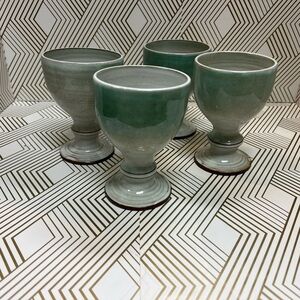 Vintage Rineanna Pottery Celadon Glaze Set of 4 Goblets Glasses